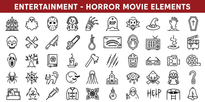 Entertainment and horror movie elements icons set collection.